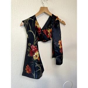 ECHO Black W/ Orange & Red Floral Print Silk Cottage Core Style Long Scarf